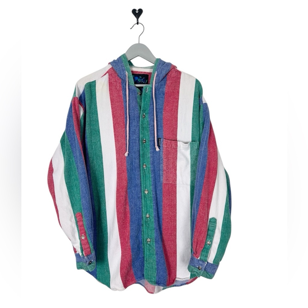 Rhinocerous striped flannel shirt with hood Mens size L colorblock surfer vtg
